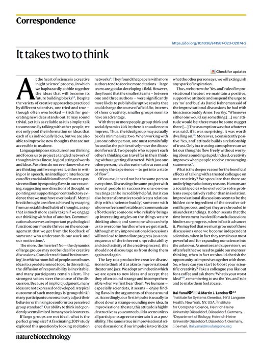The best ideas don't come from big teams – it only Takes Two To Think! Get a Science Buddy, today's Nature Biotech explains why and how: nature.com/articles/s4158… @ItaiYanai @HHU_de