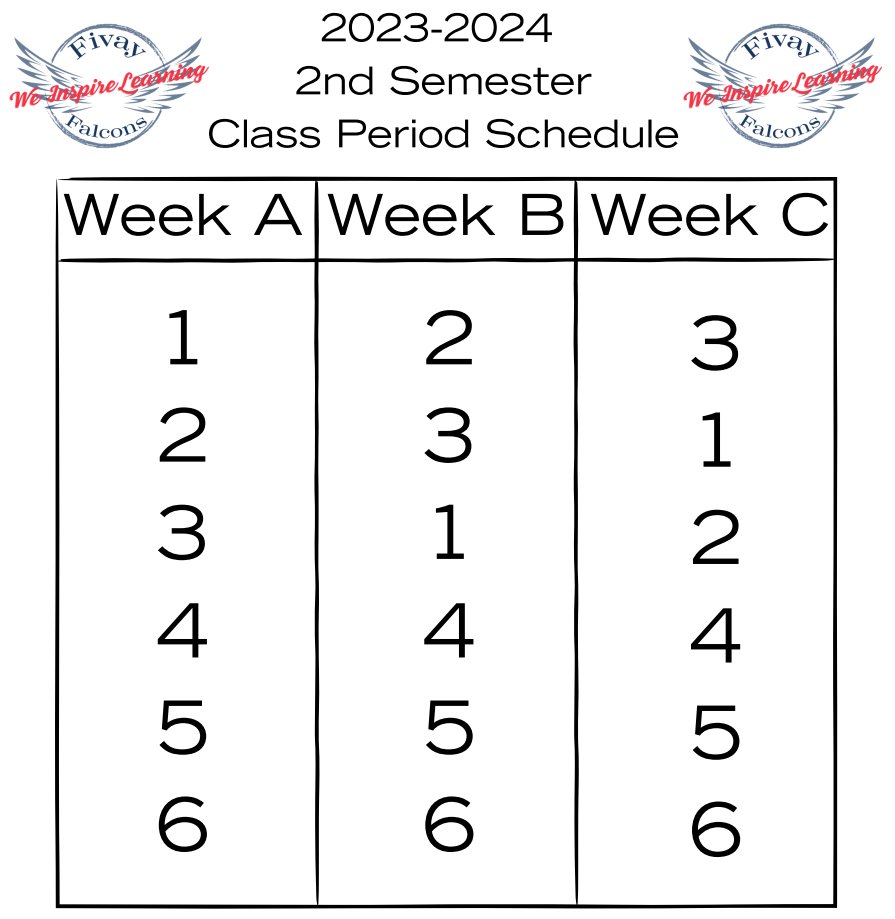 Please remember that Fivay High School is adjusting the class period schedule for semester 2. If you have any questions, please talk to your 1st period teacher, or any staff member on campus. We look forward to seeing everyone and having a great 2nd semester!!!!
<a href="/Principal_Fivay/">Erik Hermansen</a>
