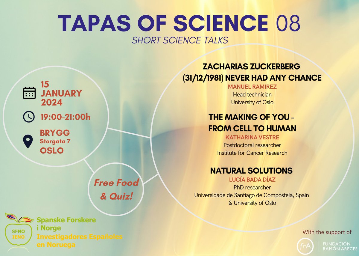 ienoruega's tweet photo. It's never late to wish you a Happy New Year!🥳
To celebrate the start of 2024, we are excited to bring back a new edition of TAPAS OF SCIENCE as the first event of 2024!
Three short talks with free food and a final quiz with prizes!
Join us next Monday 15th January, 7pm at Brygg https://t.co/bcBDva3KWk