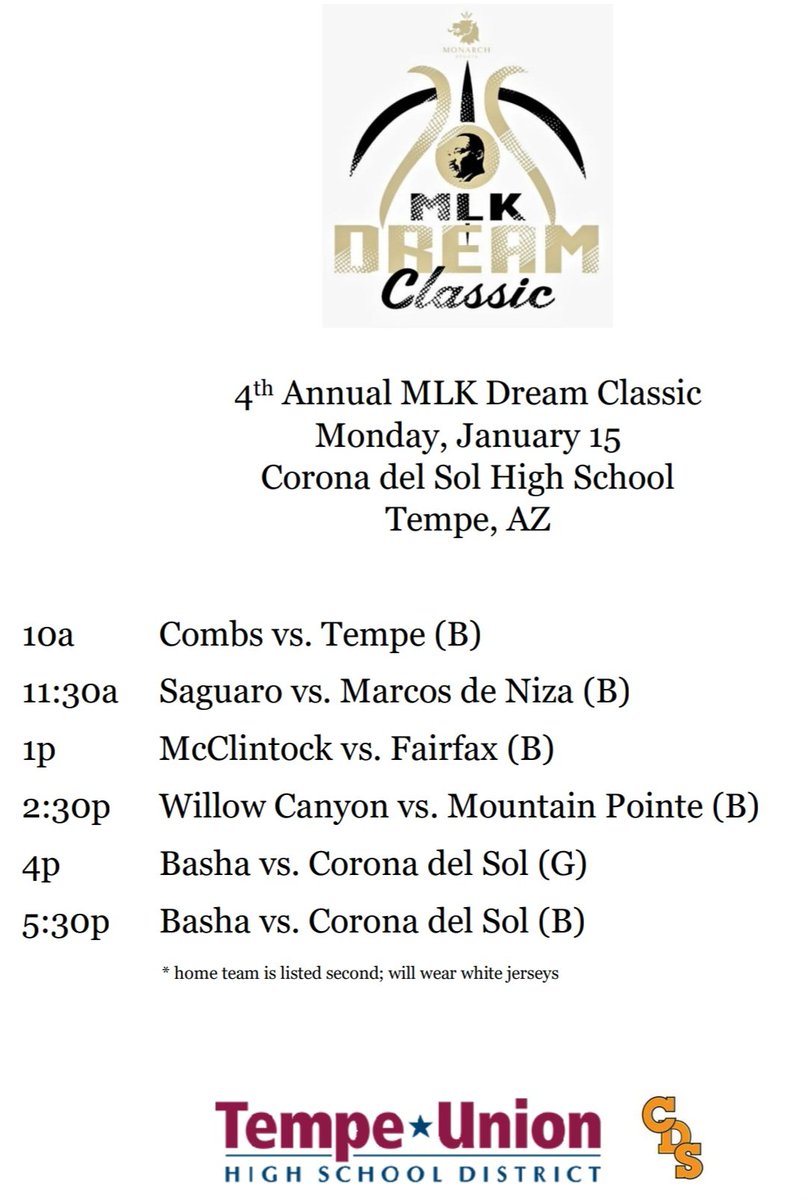 BREAKING | Here is t schedule of games for the 4th Annual MLK DREAM CLASSIC in partnership w @TUHSD_News & @huffine_tuhsd! SIX games honoring the legacy of MLK and celebrating those on TUHSD campuses for supporting Diversity, Equity, & Inclusion! #Relevant