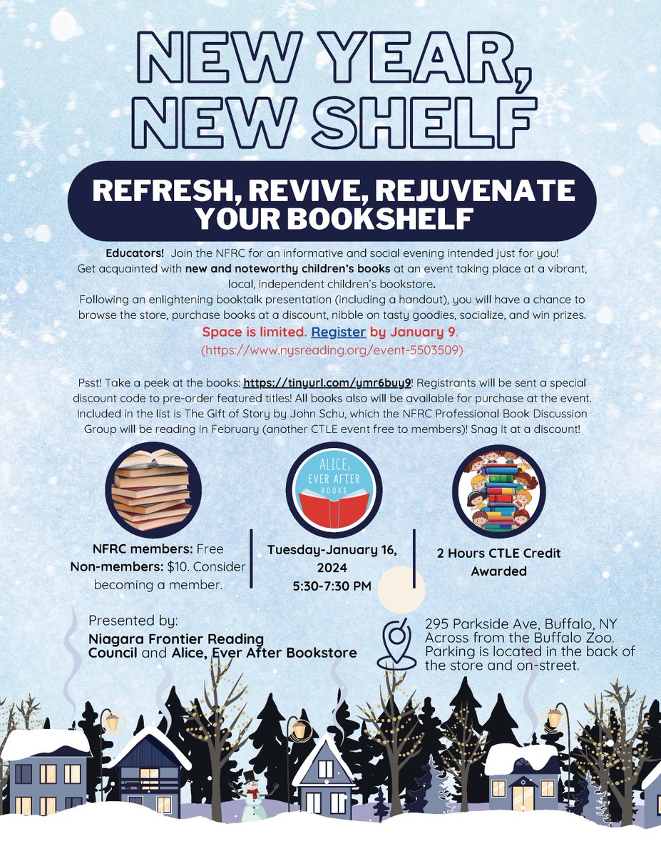 There's still time to register for our book share event at Alice, Ever After Books on January 16! (Did we mention the special discount on books?!) 📚 We hope to see you there!

Register by January 9: nysreading.org/event-5503509 
Preview books: tinyurl.com/ymr6buy9