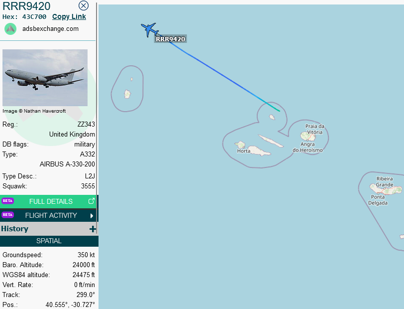 1428z #RAF #A332 #43C700 out of Lajes for McGuire, dragging three #EUFI Typhoon's