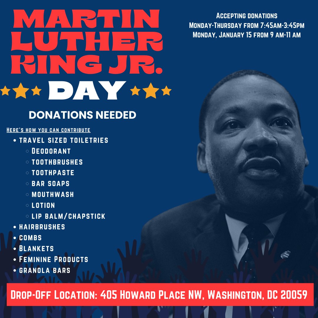 On Monday, January 15, we will host our annual MLK Day of Service. This year, we are donating items to a women's shelter to contribute to the needs of women in our city. We are encouraging each grade level to contribute items to our MLK Day of Service on Monday, January 15.