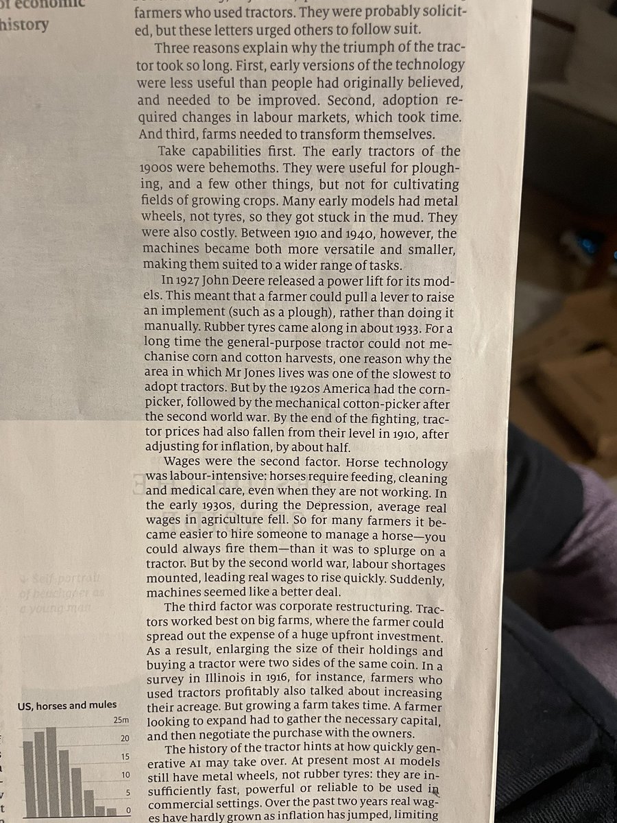 Technology maturity isn’t sufficient to drive adoption

Insightful analysis of the rise of tractors in US farms, put in parallel with Generative AI, by <a href="/TheEconomist/">The Economist</a> 

AI adoption and subsequent socio-economic impact will take years, if not decades

Time to prepare, not to panic