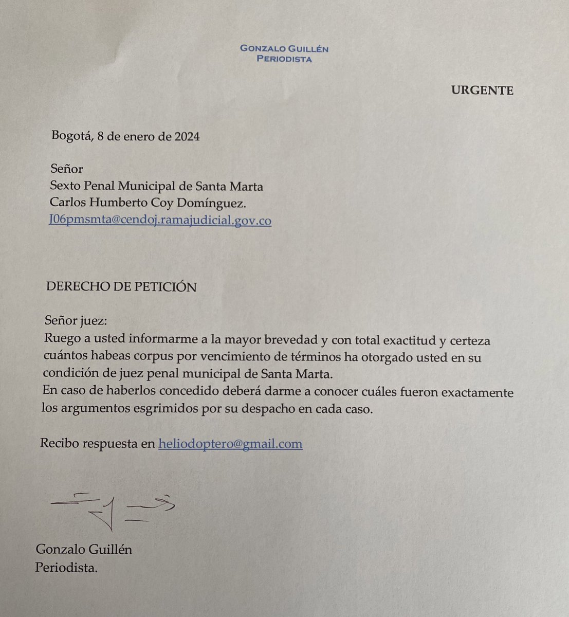 HELIODOPTERO's tweet photo. Acabo de mandar este derecho de petición al juez de Santa Marta que está a punto de cometer la aberración enorme de concederle libertad inmediata al poderoso delincuente de Barranquilla Arturo Char. https://t.co/MuAkqRj1jh