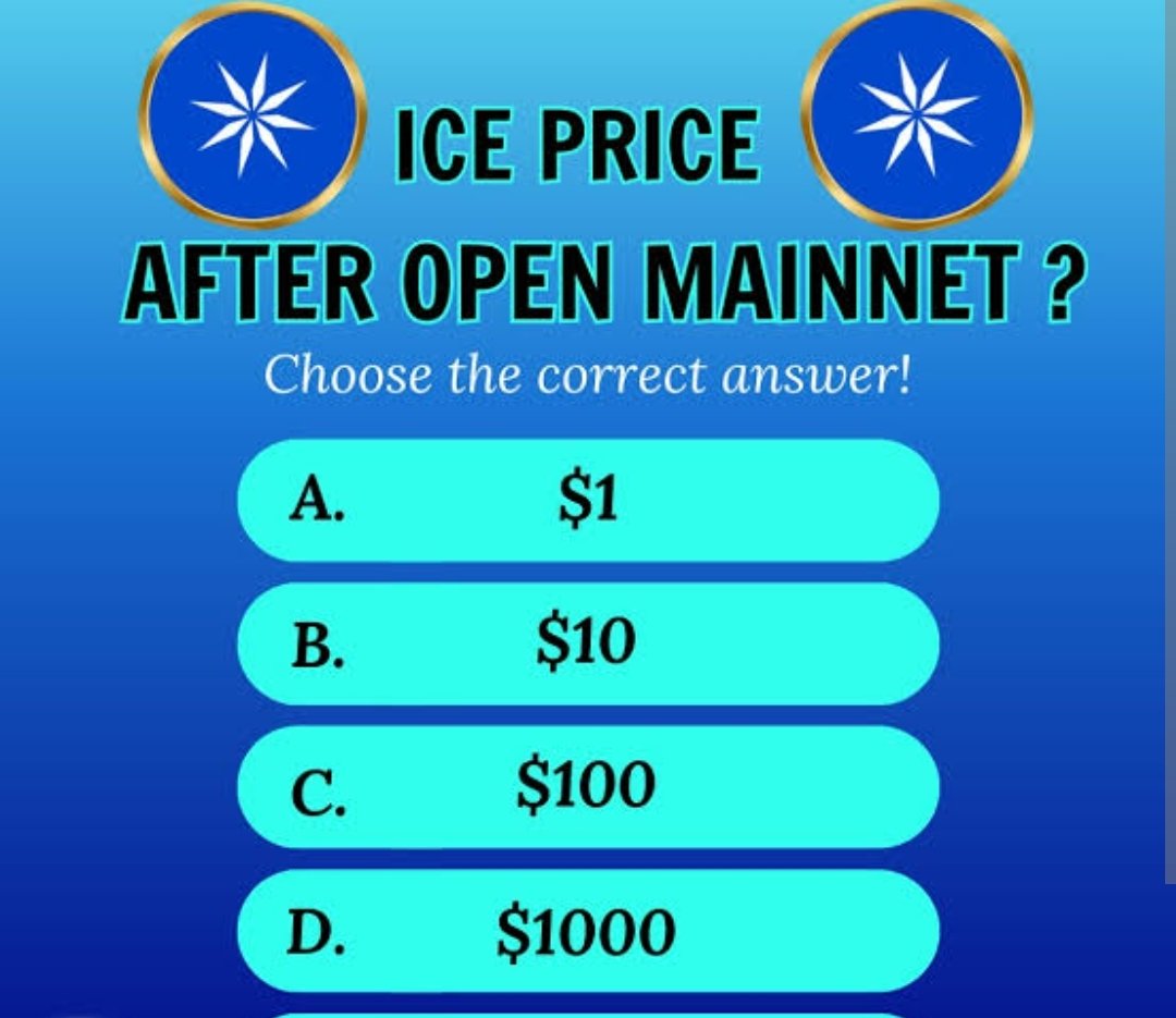 Cuongpi01's tweet photo. π What do you predict the #Ice Network price will be in October 2024?
A. 1$ π°
B. 10$ π°
C. 100$ π°
D. 1000$ π°
π Share your predictions in the comments!
@ice_blockchain #IceNetwork #IceKYC #Icecoins #IceCoreTeam #Icedistribution https://t.co/ADgr2EvZNj