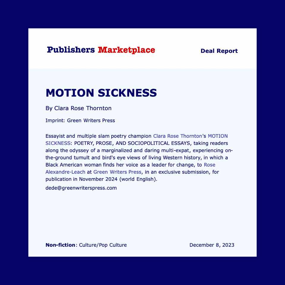 We're ecstatic to officially reveal the cover and pre-order link soon! Explore my debut book, 'Motion Sickness,' forthcoming from the wonderful, liberatory @GreenWritersPub.

greenwriterspress.com/book/motion-si…

#PublishersMarketplace #bookdeal #dealreport #dealannouncement #writingcommunity
