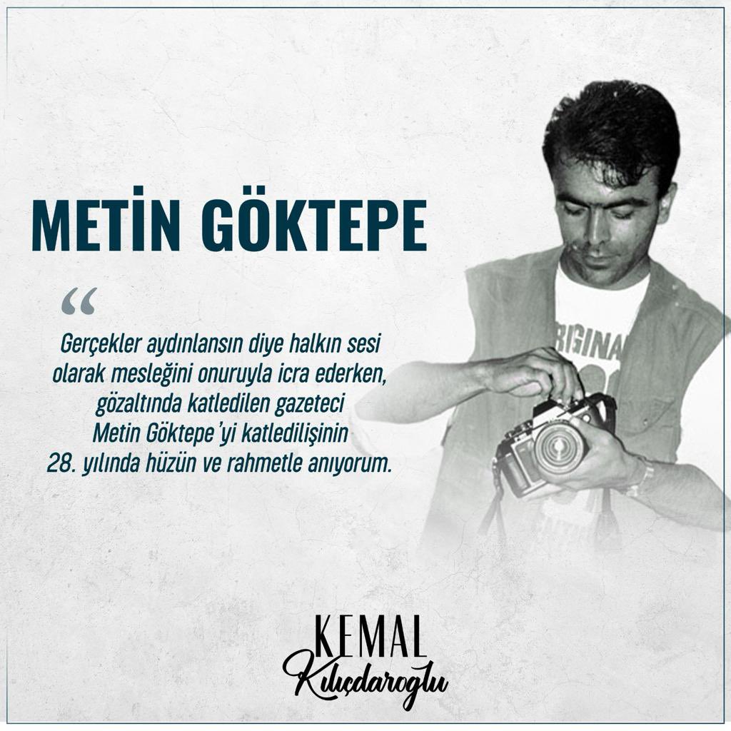 Gerçekler aydınlansın diye halkın sesi olarak mesleğini onuruyla icra ederken, gözaltında katledilen gazeteci Metin Göktepe’yi katledilişinin 28. yılında hüzün ve rahmetle anıyorum.