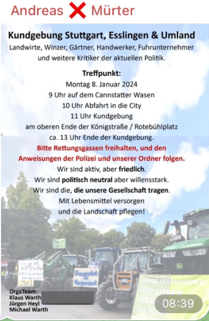 QReXRecherche's tweet photo. Beim heutigen #BauernProtest #S0801 in #Stuttgart tummelten sich neben Bauern auch gewaltbereite Verschwörungsideolog:innen & rechtsextreme AfDler:innen vor & auf der Bühne. Organisiert wurde die Demo von Stuttgarter Weinbauern & dem #Querdenken-#Ballweg-Unterstützer Jürgen Heyl. https://t.co/yLFaxtQn1A