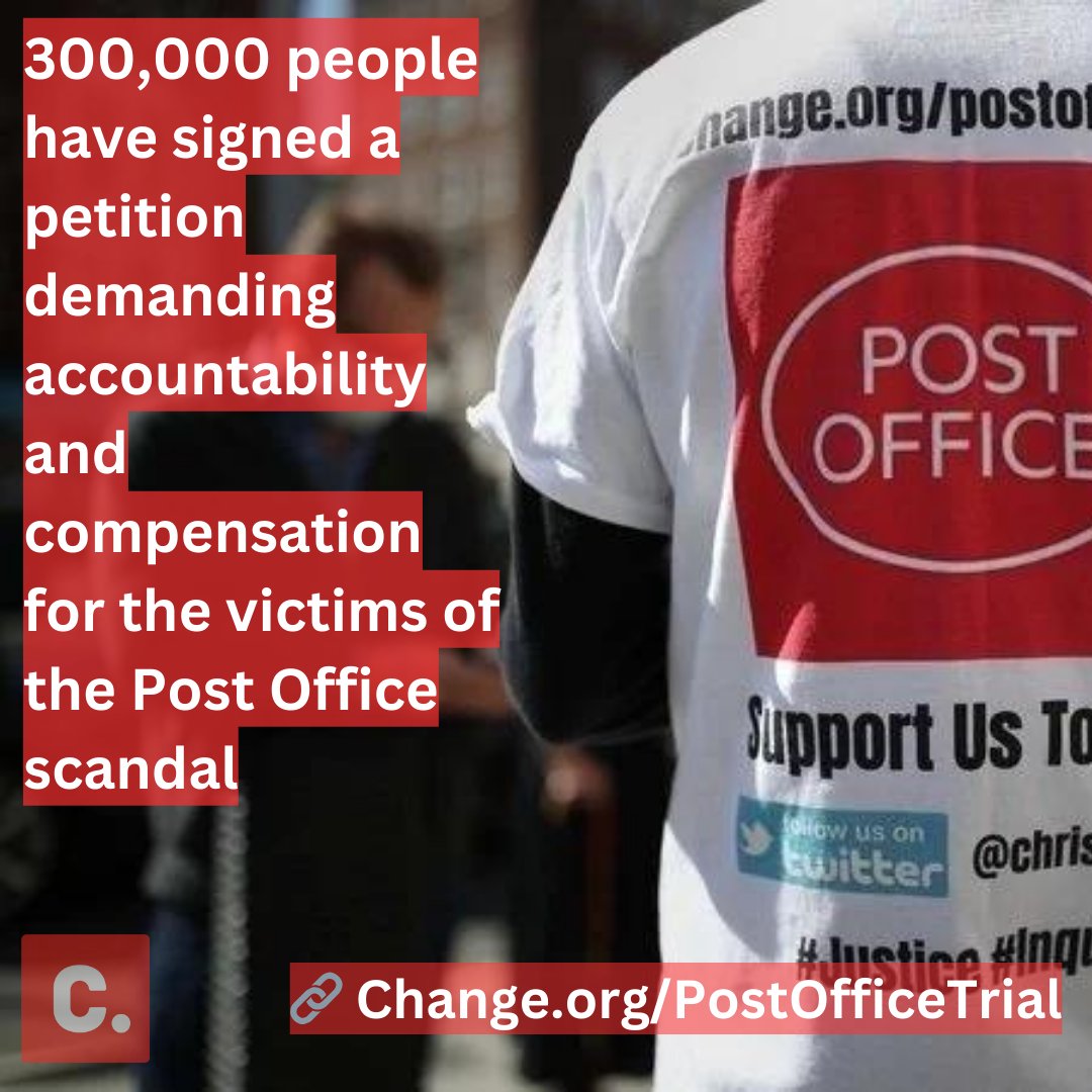 🔥 300,000 people have now signed a petition demanding accountability and compensation for victims of the #PostOfficeScandal, following the broadcast of #MrBatesVsThePostOffice ➡️ Add your voice: change.org/postofficetrial