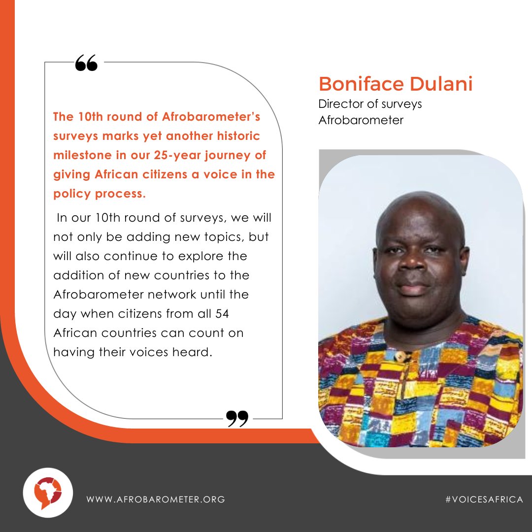 afrobarometer's tweet photo. Director of Surveys Boniface Dulani says Afrobarometer’s 10th round of surveys marks another historic milestone in our 25-year journey of giving African citizens a voice.
Visit our website to read more: https://t.co/KMe4i1uBNO
#VoicesAfrica #ABRound10 https://t.co/9pft6WQxE5