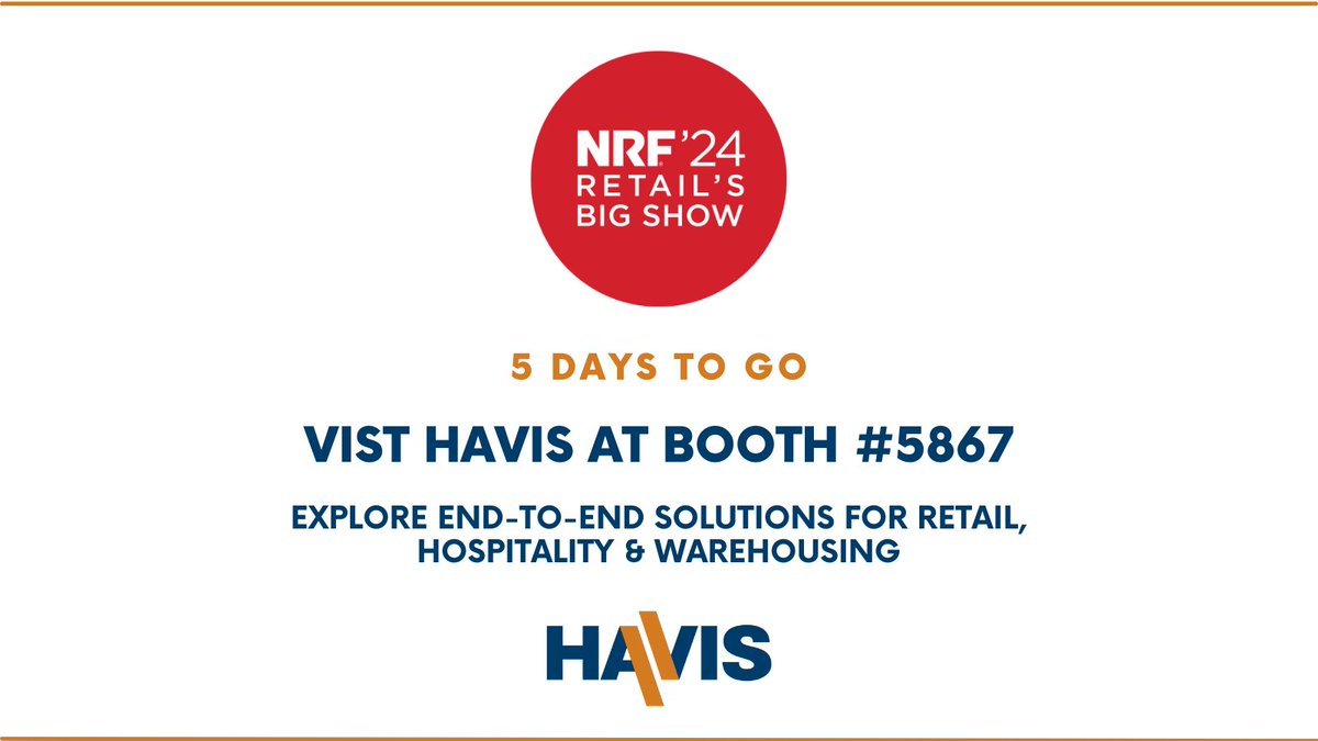 We have reached the final countdown - #NRF2024 is almost here!

There is still time to schedule a meeting with Havis's industry experts or a tour of Havis Booth #5867. Don't miss out - contact us at sales@havis.com.

#havis #havisequipped #havisrugged #retail #hospitality #qsr