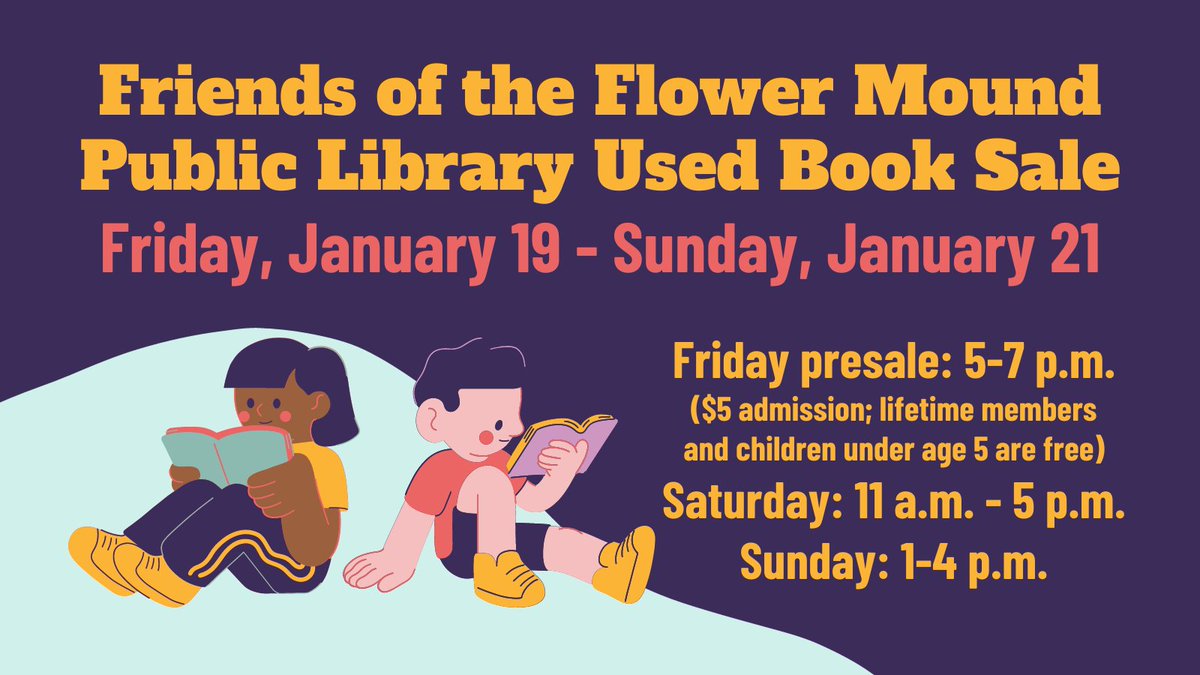 FMPublicLibrary's tweet image. The Friends of the Flower Mound Public Library Used Book Sale is happening next weekend, Friday, January 19 though Sunday, January 21. Admission to the presale on Friday is $5. Admission is free on Saturday and Sunday. Cash or checks only.