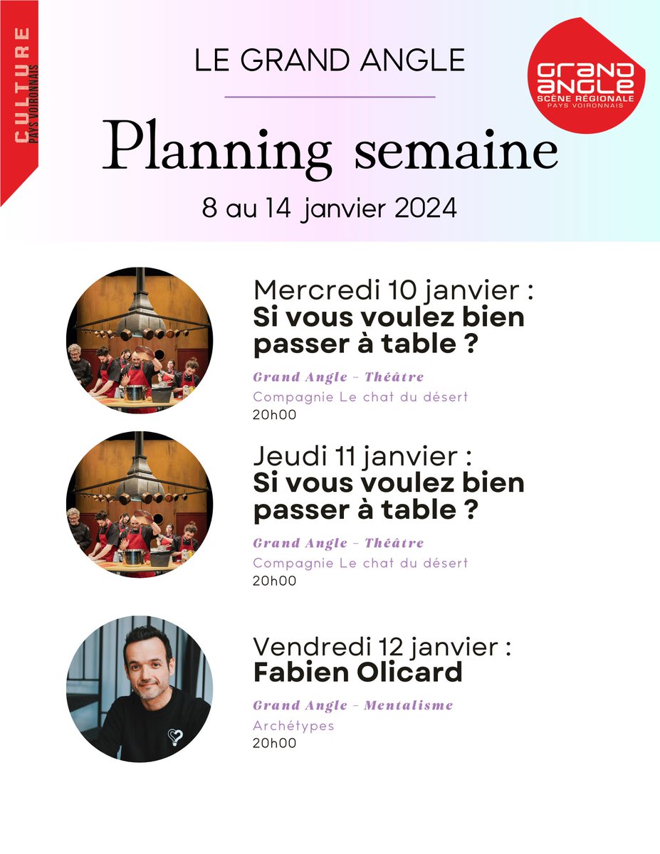 🎉 C'est la rentrée au Grand Angle et l'année commence fort avec deux représentations de "Si vous voulez bien passer à table" de la compagnie Le Chat du Désert ce mercredi et jeudi !
Fabien Olicard quant à lui sera au Grand Angle vendredi soir avec son spectacle "Archétypes" 🧐