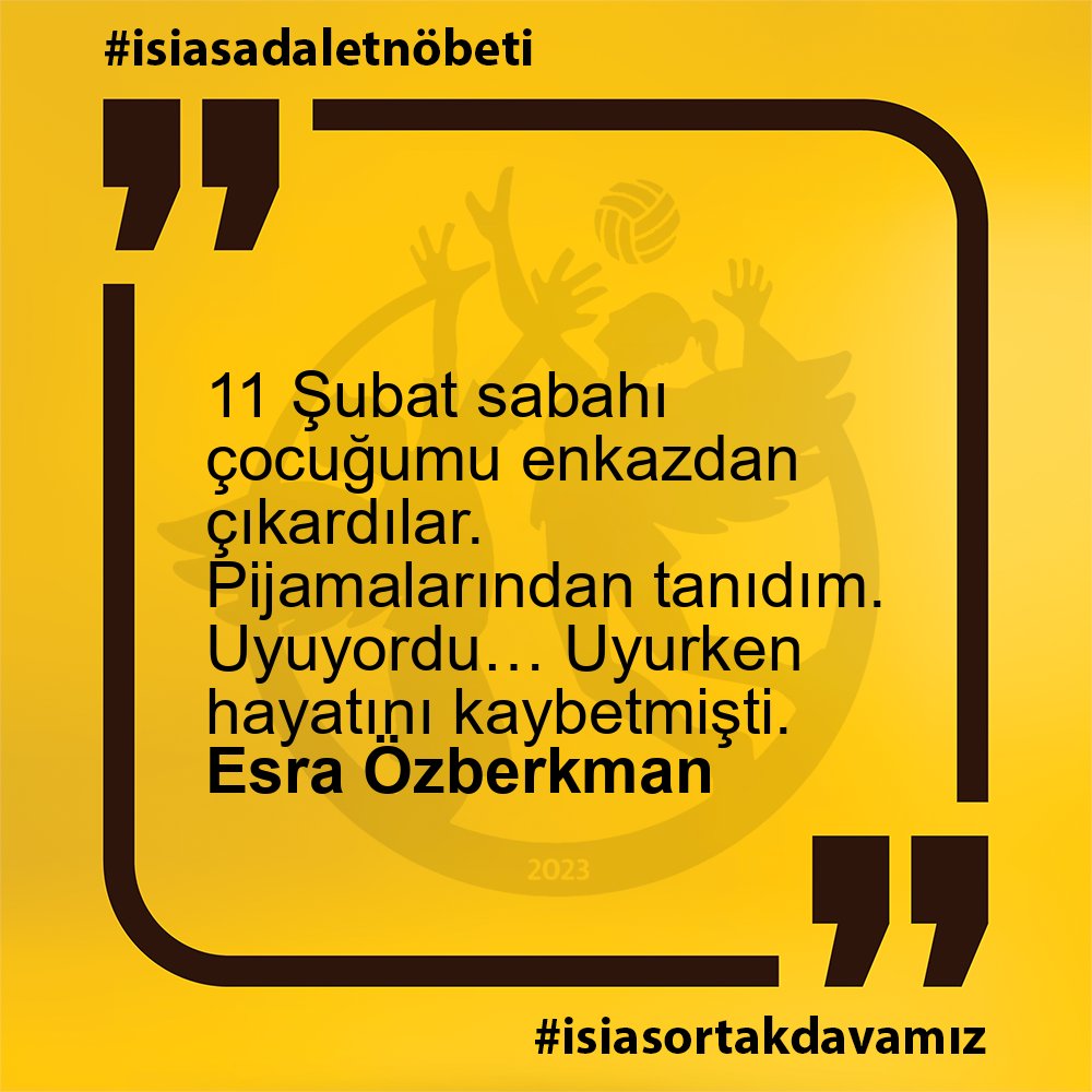 isiasnobet's tweet photo. Esra Özberkman - 11 Şubat sabahı çocuğumu enkazdan çıkardılar. Pijamalarından tanıdım. Uyuyordu… Uyurken hayatını kaybetmişti.

#isiasadaletnöbeti
#isiasortakdavamız
#isiasolasıkast
#isiasemsaldavaolacak https://t.co/zmNDnlQ4bs