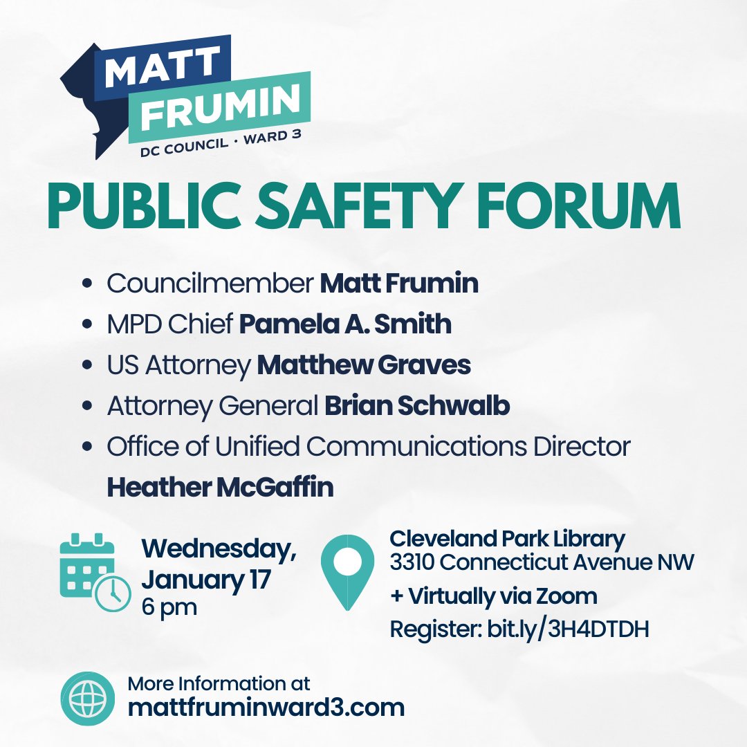 Please plan to attend this important #Ward3 public safety forum at 6 pm next Wednesday, January 17, at Cleveland Park Library. I’ll be joined by MPD Chief Pamela A. Smith, US Attorney Matthew Graves ... (1/2)