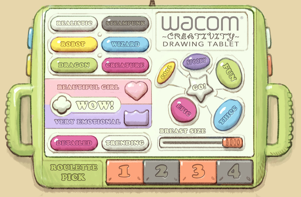 ~Unleash Your Creativity~ A sneak peak at wacom 's new drawing tablet. Post to all corners of the web at an astonishing rate of 450.000 pictures per minute by holding the BRRR button*. *Output may contain traces of CSAM, watermarks and familiar droids.