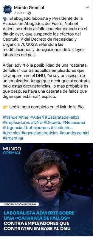 NOTA DEL MEDIO ESPECIALIZADO "MUNDO GREMIAL" - DECLARACIONES DE NAHUEL ALTIERI (PRESIDENTE DE ABOGADOS DEL FUERO) sobre Impacto del DNU 70/23 y las medidas cautelares vigentes en las relaciones laborales.

mundogremial.com/laboralista-ad…