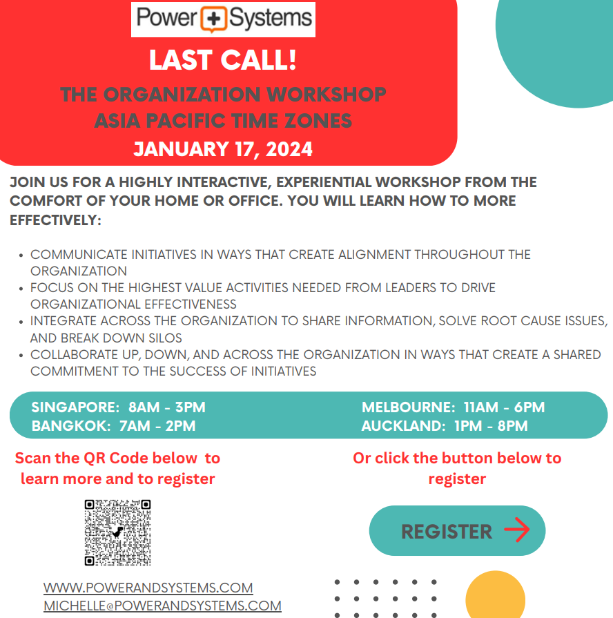 PowerandSystem1's tweet image. ASIA PACIFIC REGION:  Last Call to Register for THE ORGANIZATION WORKSHOP - January 17, 2024.  #TheOrganizationWorkshop #TheOrganisationWorkshop #PowerandSystems #BarryOshry #ExperientialLearning #VirtualLearning #TheOW #OrganizationalDevelopment #SystemsThinking