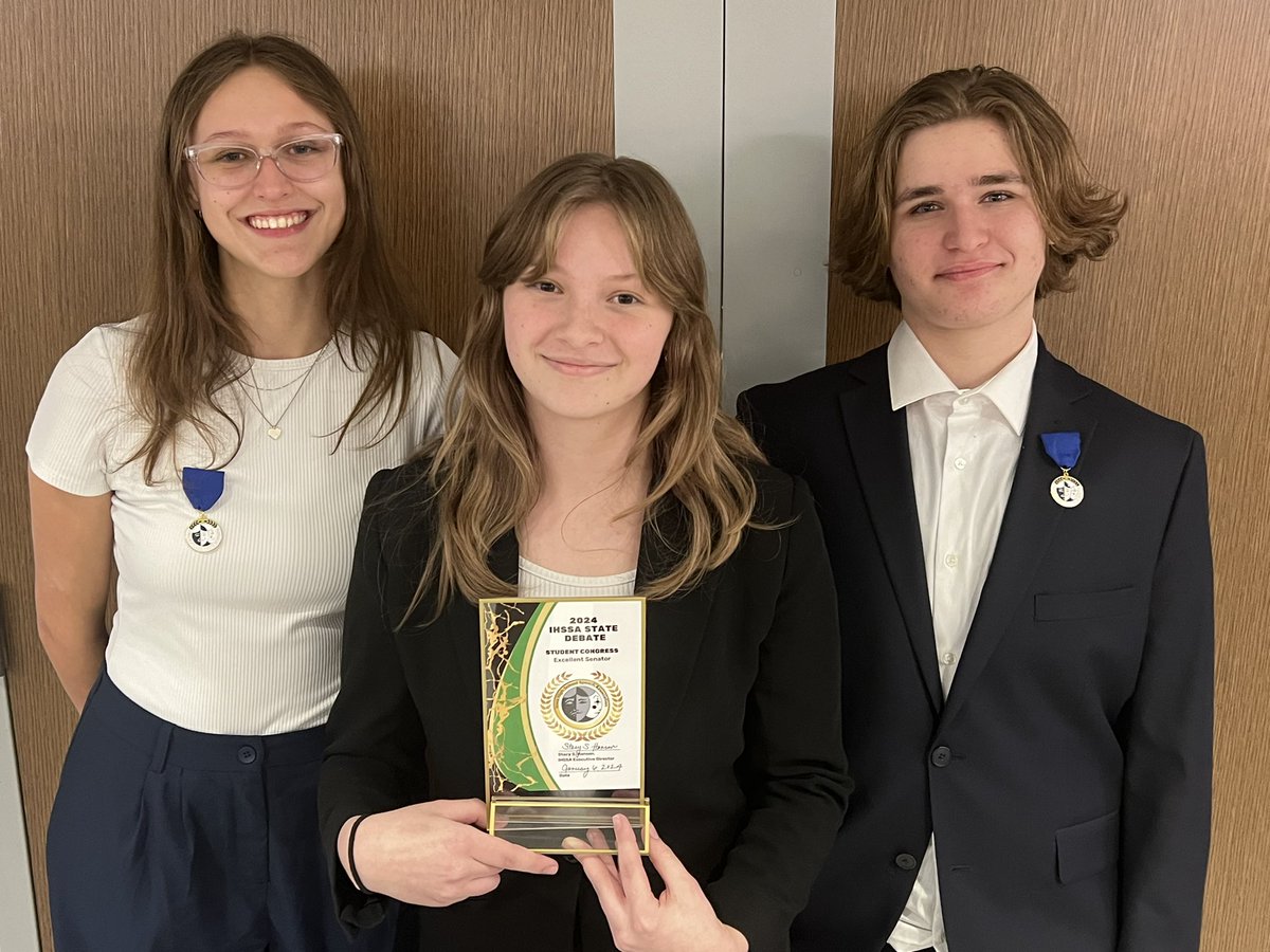 Norwalk_Debate's tweet photo. Late post: CONGRATULATIONS to NHS Congress debaters at IHSSA State Debate this past weekend! Jadyn (A House), Madi (B House), and Sylas (C House) all received an Excellent Senator Medal of Excellence! Sylas also finished in the Top 3 of C House. Way to go! https://t.co/xeCwNZCXTV