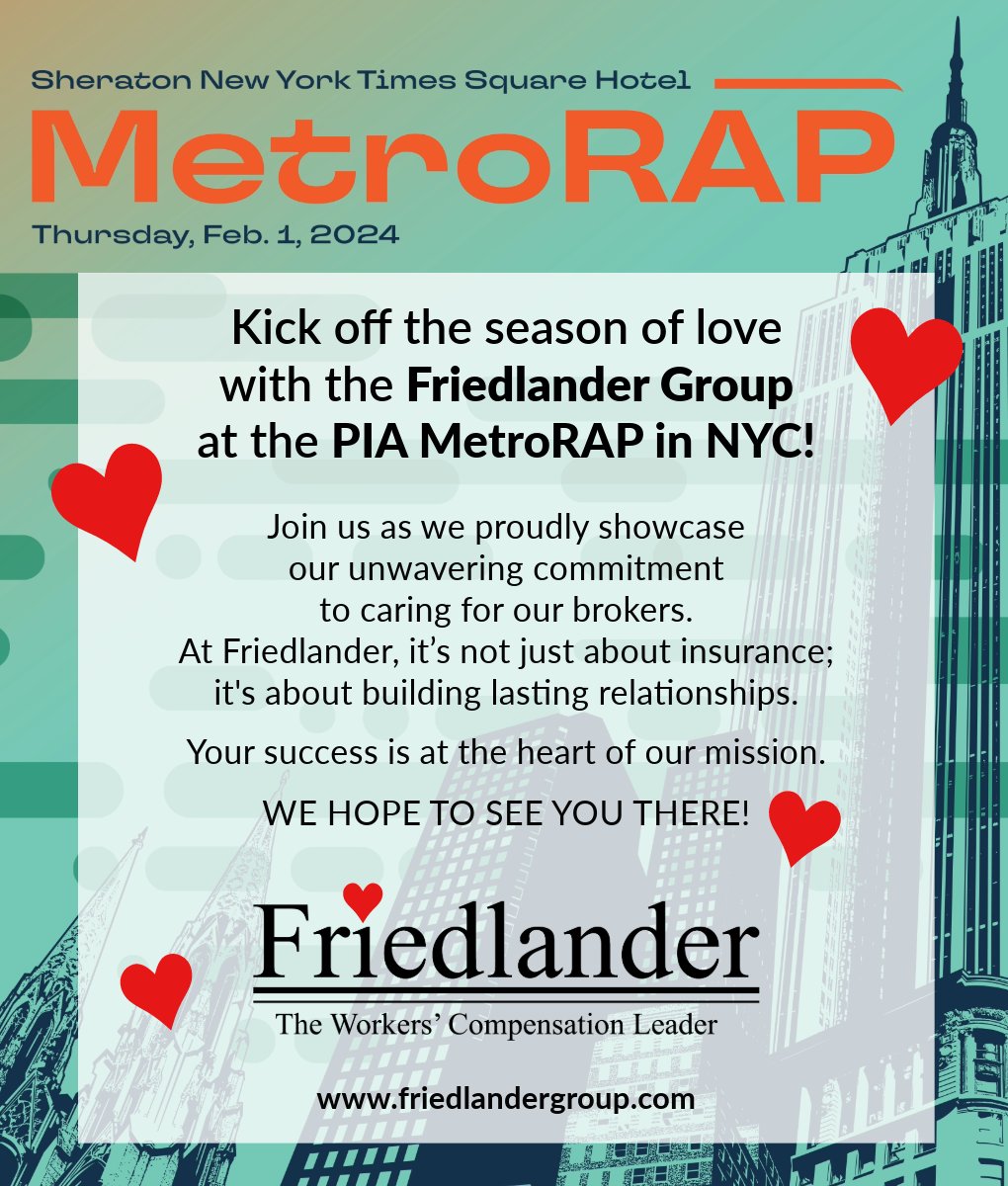 FriedlanderNY's tweet photo. 🌆 Friedlander Group is heading to the heart of Manhattan for the @PIA_Northeast MetroRAP on Feb. 1! Join us for a day filled with networking and collaboration. 🗓️ It's an event you won't want to skip! 🚀 
#PIANYMetroRAP #friedlandergroup #workerscomp https://t.co/1mLIf1zJy4