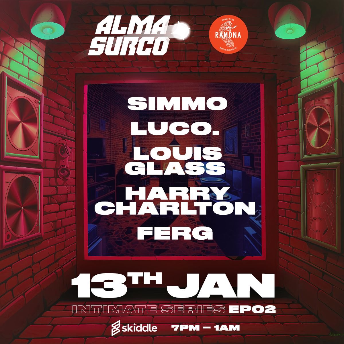This Saturday down at Ramona, mcr 🍕 

Alma Surco are excited to be taking over the M.O.T garage at Ramona for the second episode of our Intimate Series, alongside some very special guests. 

Ticket allocation running low, link below! 

skiddle.com/whats-on/Manch…