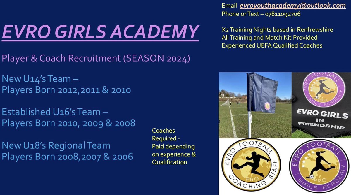 Evro Girls Academy recruiting players.  
Based in Paisley.
Born 2012, 2011 &amp; 2010 for u14’s
Born 2010, 2009 &amp; 2008 for U16’s 

In particular looking for an U16’s Goalkeeper 🧤
Get in touch via photo attached or call 📱07811092706
<a href="/ScotWFootball/">Scottish Women’s Football</a> 
<a href="/Jax_Noticeboard/">Jax Mc Media Noticeboard</a> 
<a href="/armgoalkeeping/">A.R.M Goalkeeping Academy</a>