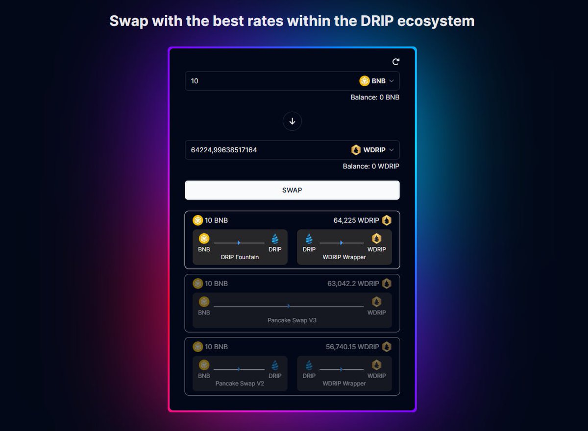 AiDrip_Official's tweet photo. Want to Buy 10 BNB worth of WDRIP but don't know what is the cheapest route?

- Buy on Pancakeswap?
- Buy DRIP in the Fountain then wrap it?
- Buy DRIP on Pancakeswap then wrap it?

Some routes are taxed, some are not, how to compare them all?

🤝 The Aggregator got you covered! https://t.co/oxto0JHW9H
