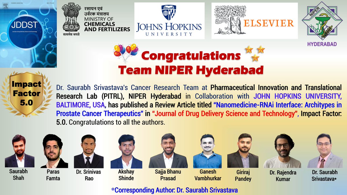 #Congratulations🎉 to all the authors of Review Article titled “Nanomedicine-RNAi Interface: Architypes in Prostate Cancer Therapeutics” in “Journal of Drug Delivery Science and Technology”, #impactfactor : 5.0.
*Corresponding Author: Dr. Saurabh Srivastava, Ph.D. 
@Pharmadept