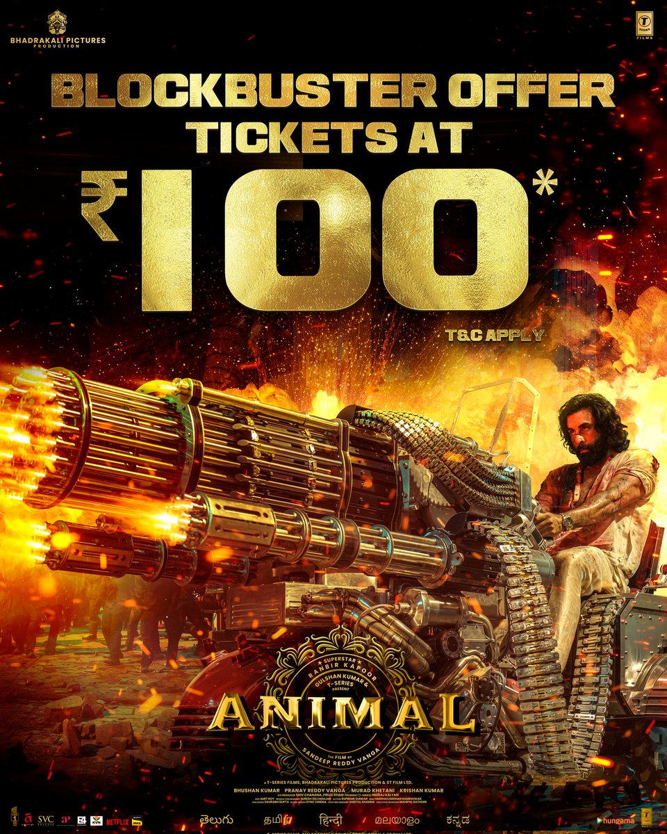 Watch your favourite blockbuster, now just at Rs. 100🔥

Book your tickets 🎟️- linktr.ee/animal_booktic…

#Animal 
#AnimalInCinemasNow 
#AnimalHuntBegins #BloodyBlockbusterAnimal #AnimalTheFilm 

@AnimalTheFilm @AnilKapoor #RanbirKapoor @iamRashmika @thedeol @tripti_dimri23