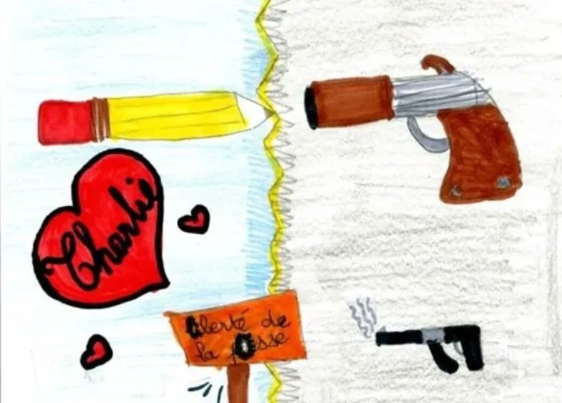 ella_micheletti's tweet photo. Après les attentats contre @Charlie_Hebdo_ en 2015, environ 10 000 dessins d'enfants sont parvenus au journal en soutien. 150 ont été compilés dans un recueil intitulé #JeDessine, sorti aux éditions de l'échappée le 7 janvier 2016. En voici quelques uns. ❤️ ✏️ https://t.co/Mt0Ug1ACY8