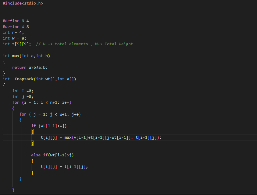 #day4 of  #100DaysOfCode challenge  Today, I implemented 0/1 Knapsack  in the C language.
