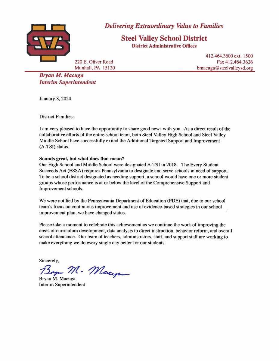 Please see this letter from interim superintendent Mr. Bryan Macuga regarding Steel Valley's successful exit from ATSI status and what that means for the district.