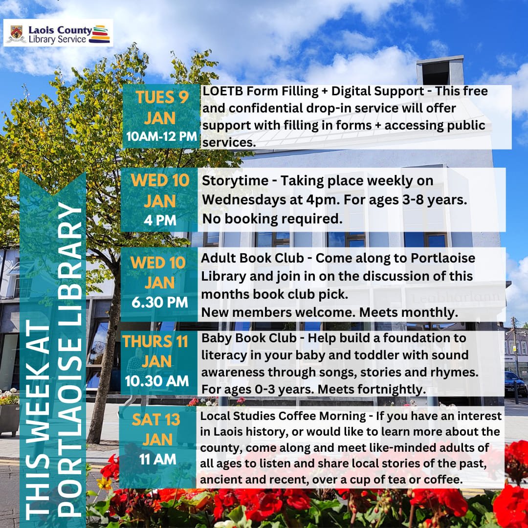 Laois Libraries (@laoislibraries) on Twitter photo We have a jam-packed week coming up, kick-start your year at Portlaoise Library. Why not join our book club? Or get inspiration for that family tree with our Local Studies Coffee morning?
For further details email: portlaoiselibrary@laoiscoco.ie
#GetInspired We have a jam-packed week coming up, kick-start your year at Portlaoise Library. Why not join our book club? Or get inspiration for that family tree with our Local Studies Coffee morning?
For further details email: portlaoiselibrary@laoiscoco.ie
#GetInspired