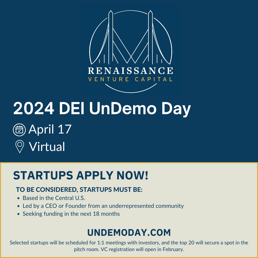 The #Startup application is open for @renvcf Spring DEI UnDemo Day®, happening virtually April 17. Midwestern startups led by an underrepresented founder or CEO should apply here: renvcf.com/undemoapp/ #DEIUnDemoDay #UnDemoDay #startups #VentureCapital #founders #IDVentures