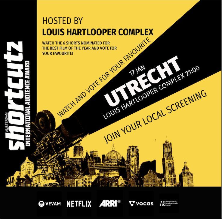 🎥 Hallo UTRECHT! Shortcutz Amsterdam International Award tour is coming to you! Join us for our screening and vote for your favorite of the 6 nominated short films at Louis Hartlooper Complex on the 17th of January at 21:00. 🎟️ We are excited to see you there!