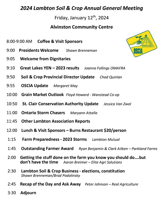 shawnbrenneman's tweet photo. Reminder of Lambton Soil &amp; Crop AGM this Friday, January 12th at the Alvinston Community Centre  around "Farm Preparedness". Thank you to our many sponsors who help make this day possible.  @OntarioSoilCrop #lambton https://t.co/oYqGCx8NnJ
