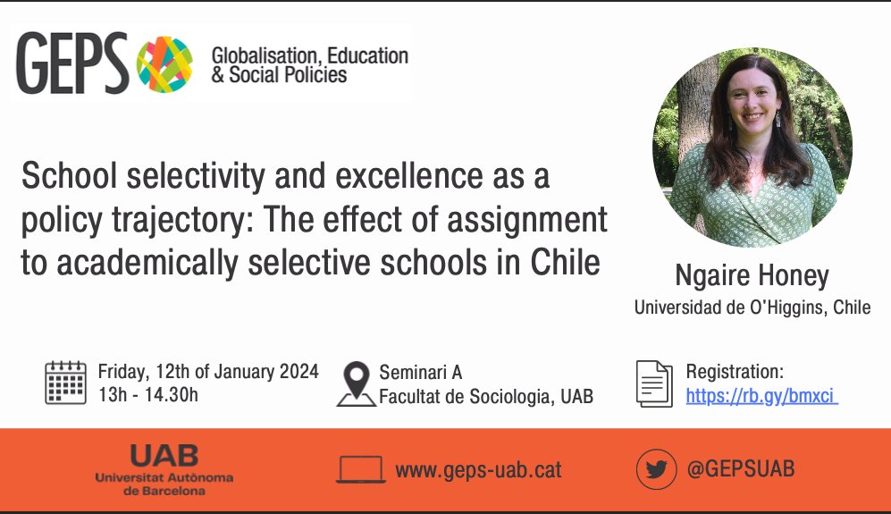 We are glad to have <a href="/NgaireHoney/">Dr. Ngaire Honey, PhD</a> this Friday to discuss the effect of selective schools in Chile. Join us! <a href="/uohiggins/">Universidad de O'Higgins</a> <a href="/SociologiaUAB/">SociologiaUAB</a> 

📅 12th Jan, 13-14.30h 
📍 Seminari A (B3BIS/-111) <a href="/PolitiquesUAB/">Facultat de Ciències Polítiques i deSociologia UAB</a> 
📑 Registration: rb.gy/bmxci