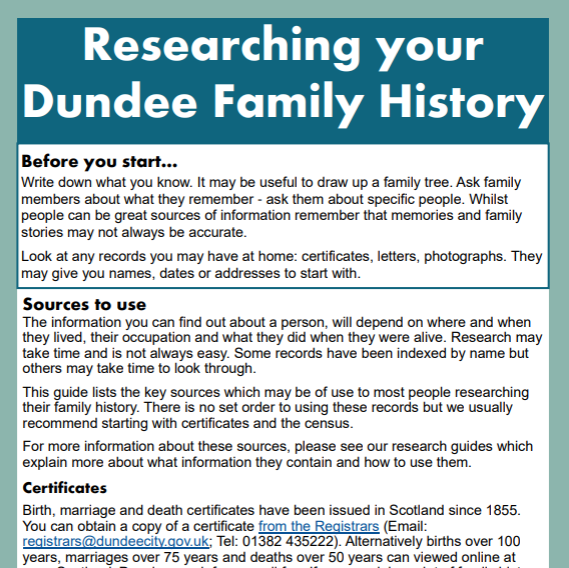 DundeeArchives's tweet image. Is it your new years resolution to finally get round to doing your family tree? A good place to start is our Family History Guide, which can be downloaded from: dundeecity.gov.uk/service-area/c….

#FamilyHistoryFriday #Dundee #Archives
