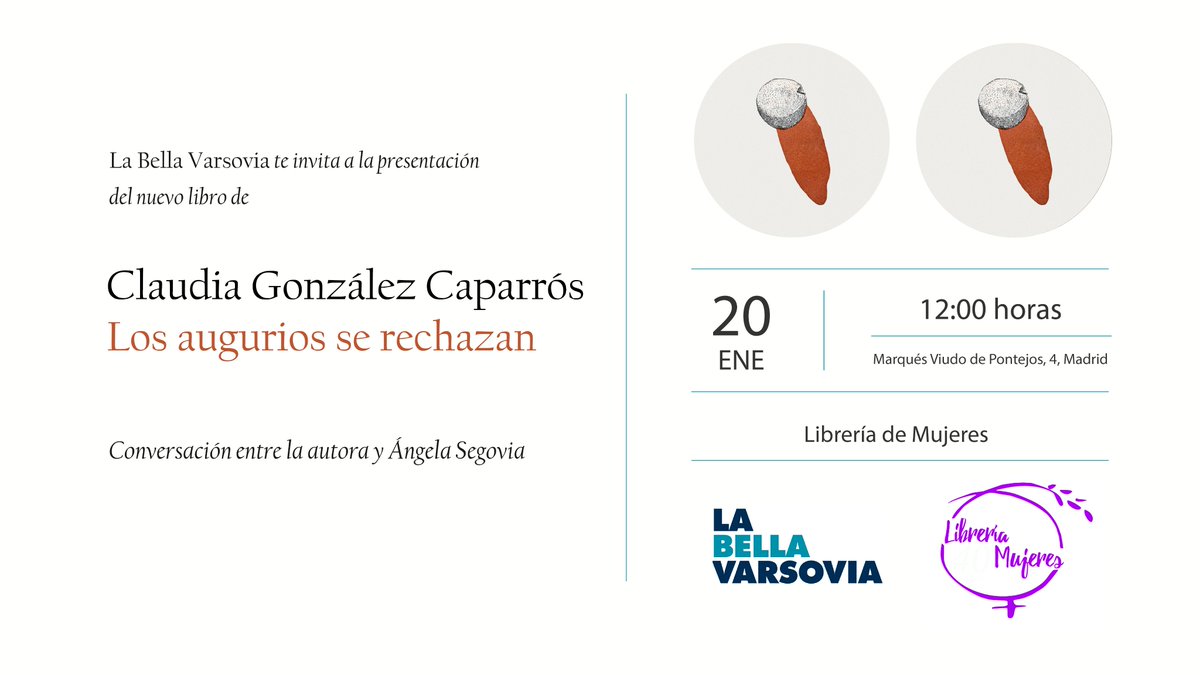 El próximo 20 de enero Claudia González Caparrós estará presentando su poemario, 'Los augurios se rechazan', en Madrid. <a href="/evohevohe/">Claudia</a> 

Será a las 12h en la Librería de Mujeres y estará maravillosamente acompañada por Ángela Segovia.

¿Nos acompañas?