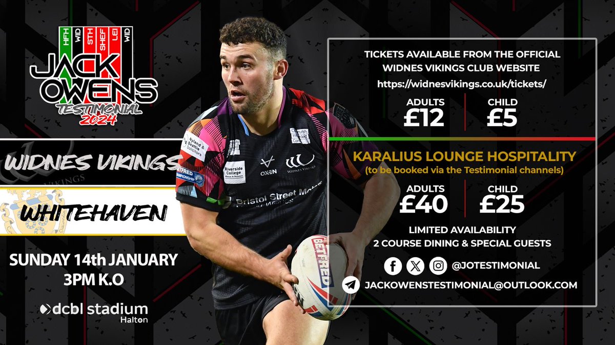Get your tickets for Jack Owens' testimonial fixture against <a href="/OfficialHavenRl/">Whitehaven Rugby League</a> this Sunday (3PM) 👉 widnesvikings.co.uk/tickets/

Blocks E, F, G, H will be open in the South Stand, and Blocks D, E in the North Stand will also be available for purchase.

#COYV 🧪 @jotestimonial
