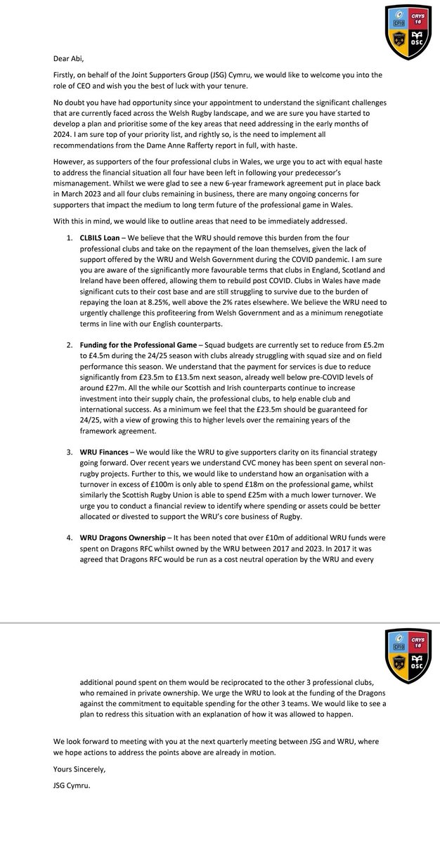 JSGCymru's tweet image. Please see the open letter to incoming @WelshRugbyUnion CEO Abi Tierney from @JSGCymru, the group formed by the supporters clubs and trusts of the 4 professional teams
@CardiffBluesSC @CF10RugbyTrust @Crys16_Trust @DragonsOffic_SC @OspreysSC