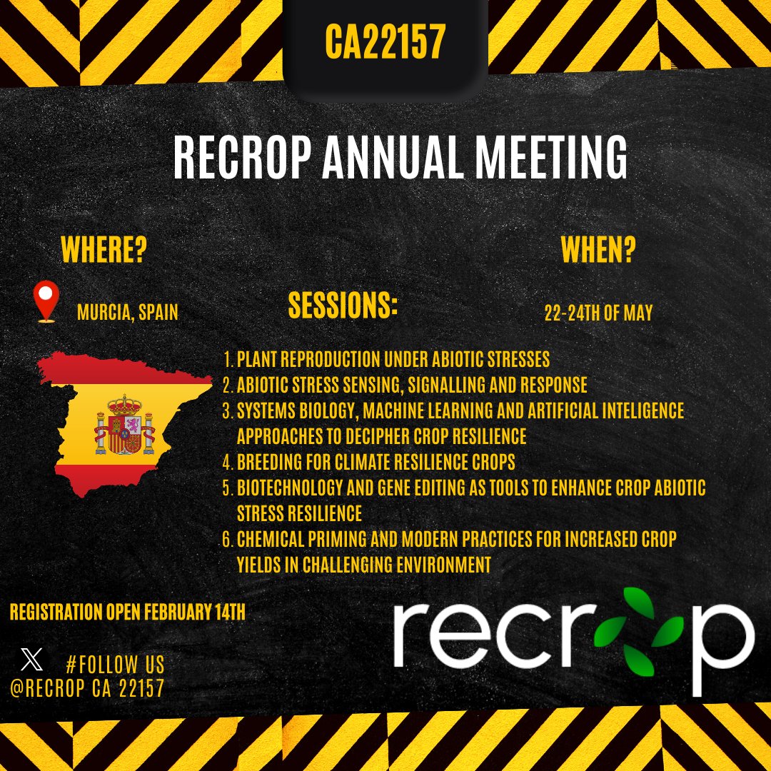 InBioVeg's tweet image. 📆 SAVE THE DATE for RECROP first annual meeting in beautiful Murcia, Spain

💚 @costprogramme CA 22157 Reproductive Enhancement of CROP resilience to extreme climate

#recrop22157 #phd #phdtalk