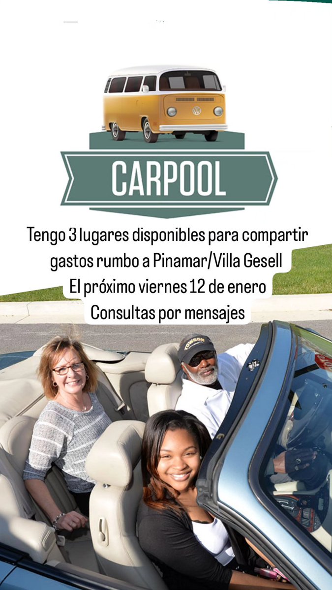 Carpool: lo que se vino en estas vacaciones de motosierra. Viajo este viernes 12/1 por la mañana rumbo a Pinamar/Villa Gesell, tengo 3 lugares disponibles para dividir gastos. Solo ida! (No es descapotable)