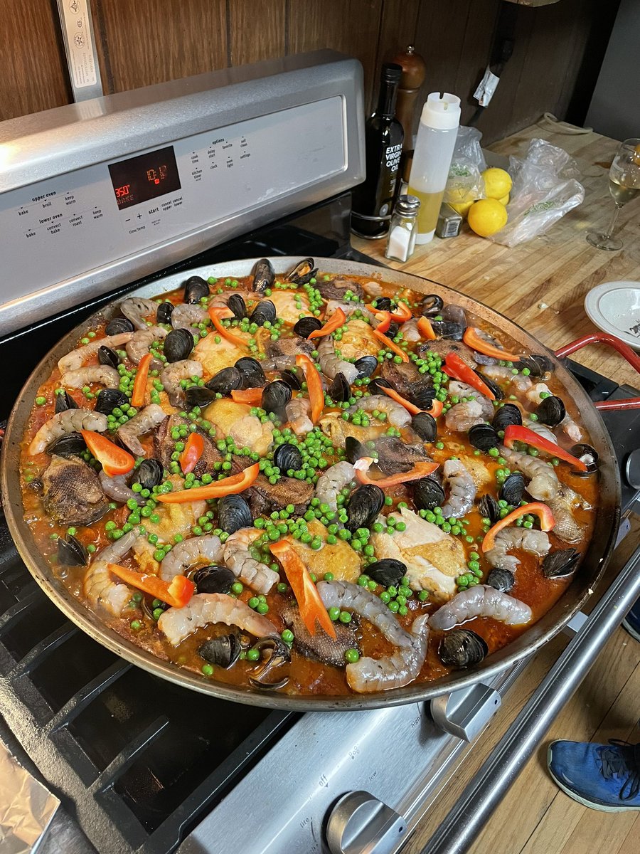 Paella made with <a href="/trueoriginfoods/">trueoriginfoods</a> organic sushi rice, chicken, wild duck, mussels and prawns at the duck club. #paella #organicrice #duckhunting