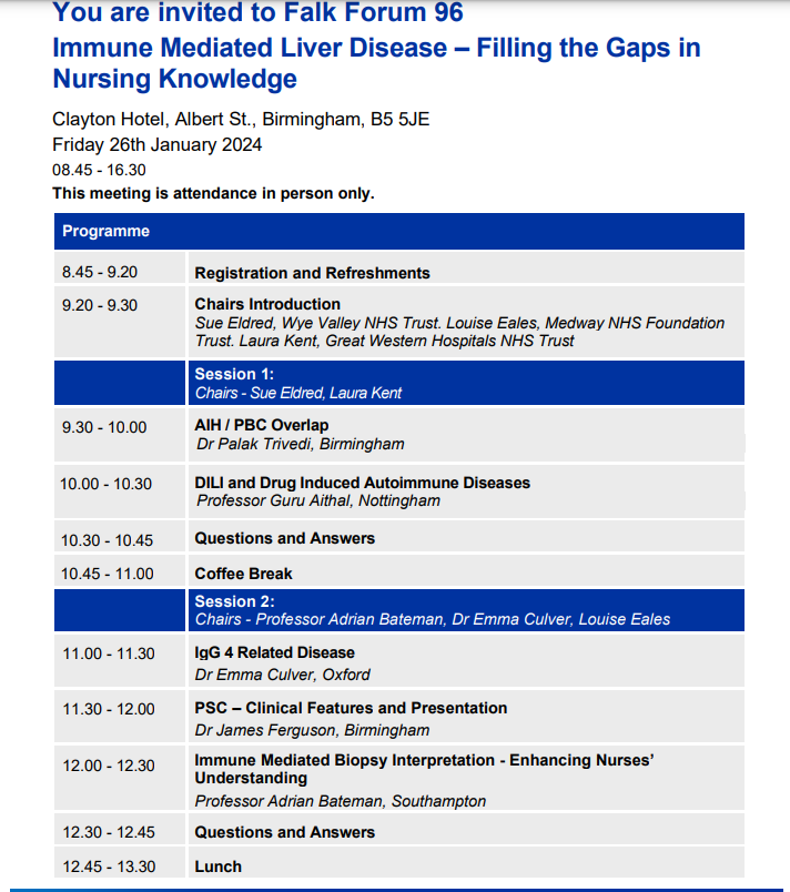 DrFalkUK's tweet photo. Just 1 wk to reg for the Falk Nurse Forum ‘Immune Mediated Liver Disease: Filling the Gaps in Nursing Knowledge’ B’ham 26/01 A range of expert HCPs exchanging nurse focused info & support around complex liver disease #GINurse #LiverNurse #hepatology #liverdisease Reg via FalkPlus https://t.co/wUn9CZjQIq