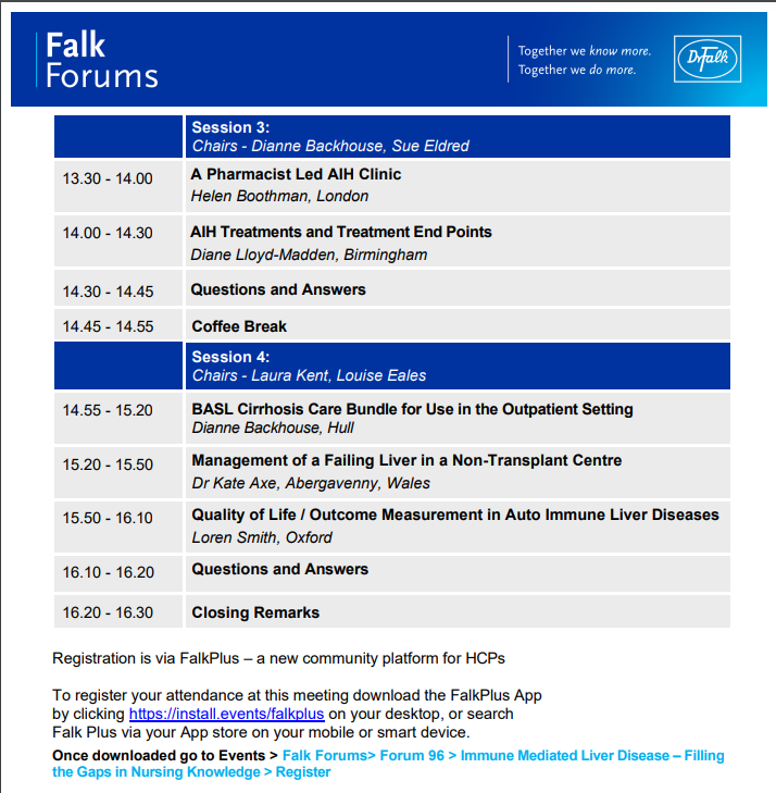 DrFalkUK's tweet photo. Just 1 wk to reg for the Falk Nurse Forum ‘Immune Mediated Liver Disease: Filling the Gaps in Nursing Knowledge’ B’ham 26/01 A range of expert HCPs exchanging nurse focused info & support around complex liver disease #GINurse #LiverNurse #hepatology #liverdisease Reg via FalkPlus https://t.co/wUn9CZjQIq