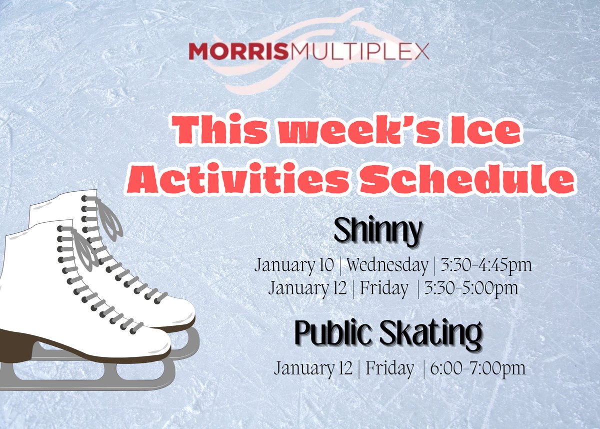 MorrisMultiPlex's tweet image. Schedule for this week's Free Ice Activities
Public skating and Shinny are free to everyone
Good bonding with your family and friends 
See you here in Morris Multiplex 
Shinny Rules: Helmets are required for everyone 
Public Skating Rules: No Pucks or Sticks allowed.
