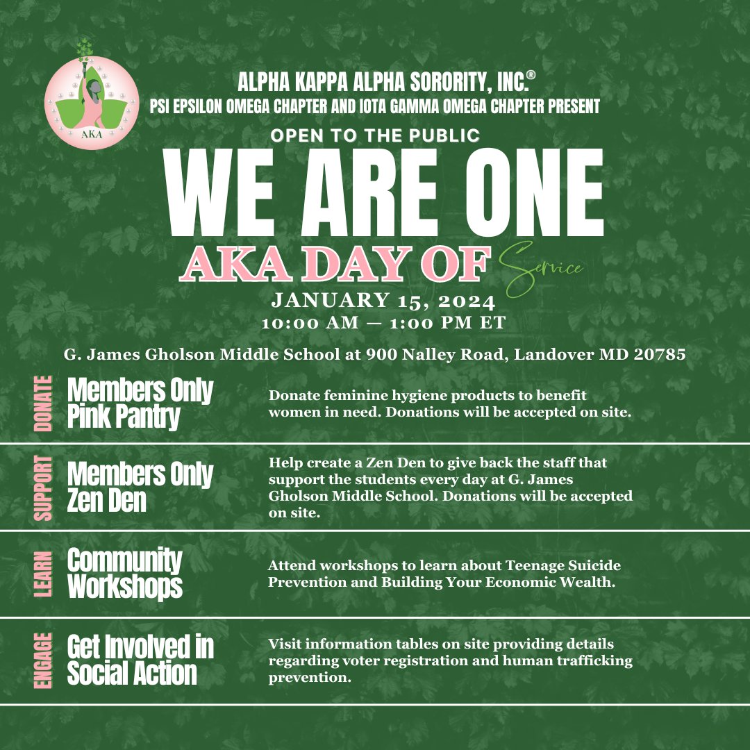 AKA_PEO1908's tweet photo. Join @AKA_PEO1908 in partnership with @IGOAKAs for the "We Are One" AKA Day of Service at Gholson Middle School.

The day begins with a program highlighting the life and legacy of Dr. Martin Luther King Jr. followed by workshops.

Help us make an impact!

#WeAreOneAKA #AKA1908 https://t.co/QRI26EgfFH