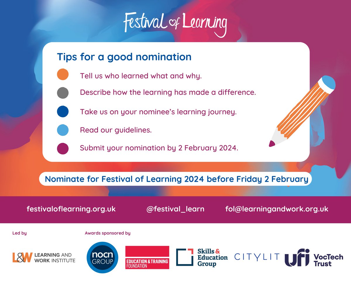 Thinking of submitting a nomination for #FestivalofLearning2024? Want to make your nomination stand out? Check out our top tips for a high-quality nomination below and head over to our website for more guidance. ✍️ festivaloflearning.org.uk/home/nominate-…